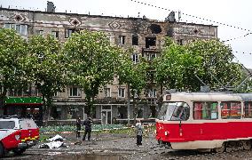 Aftermath of Russian drone wreckage falling in Shevchenkivskyi district of Kyiv